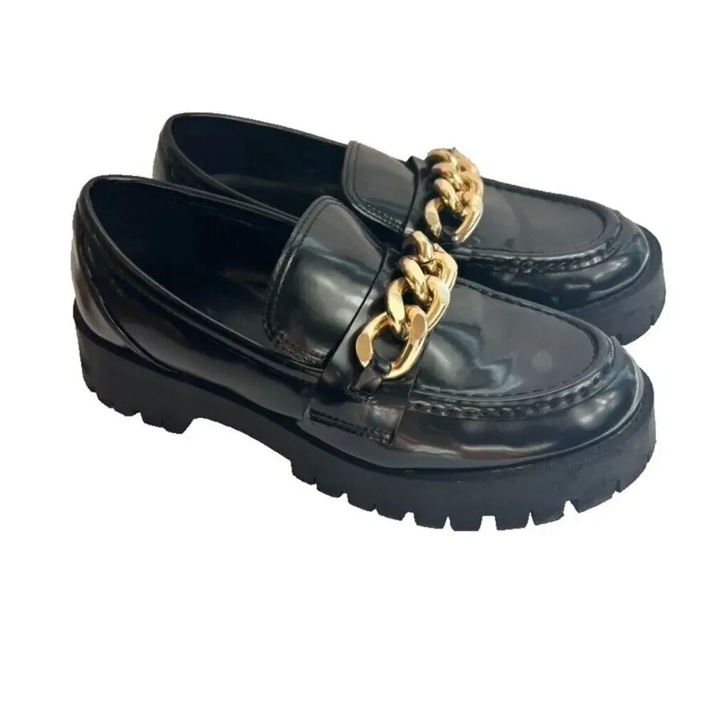 Guess Shoes Loafers Womens 8M Black Gold Tone Chain Lug Sole Chunky Platform